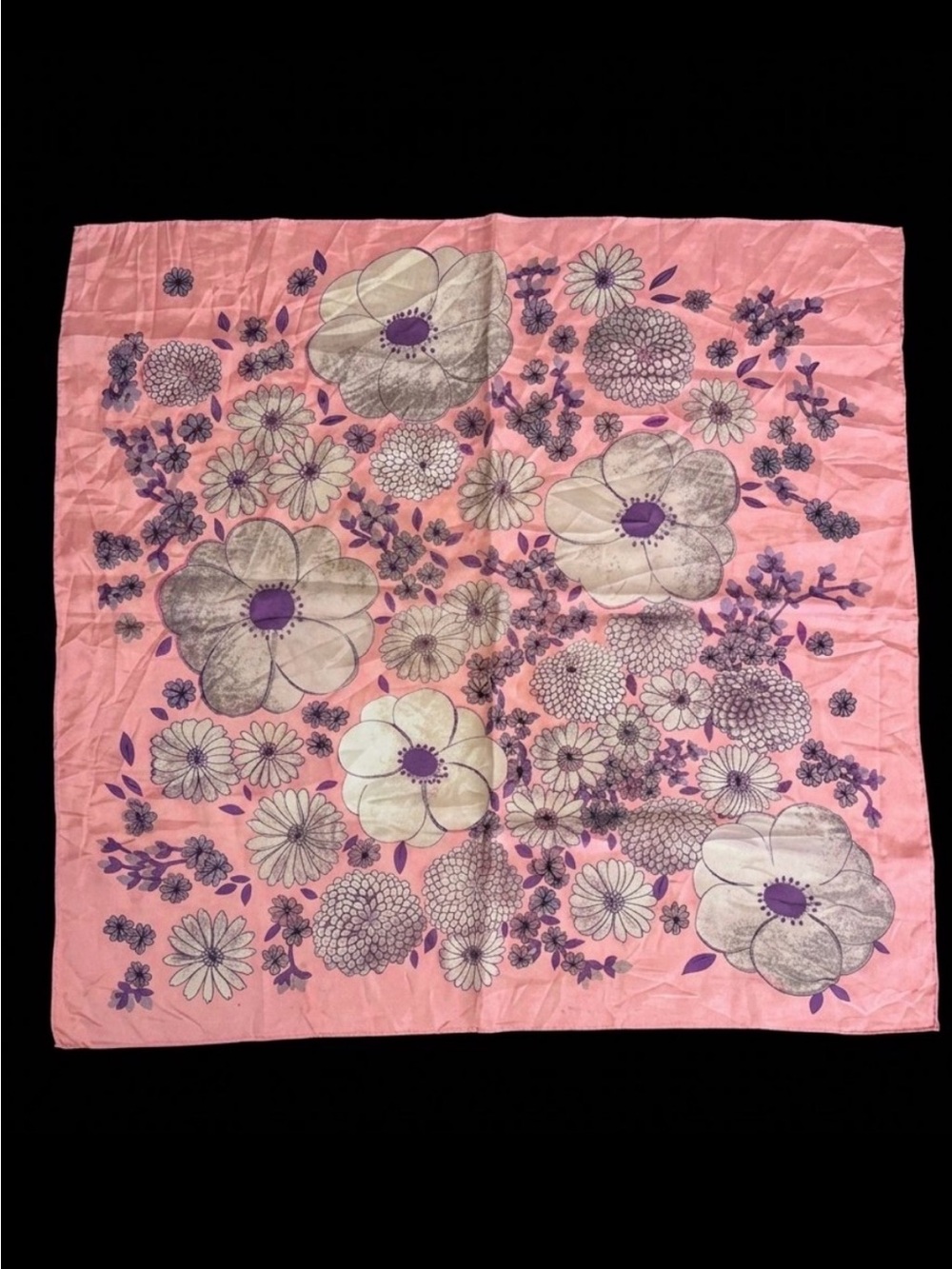 Vintage 60s Mod Flower Power Pink Purple Square Scarf